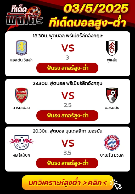 แอสตัน วิลล่า vs ฟูแล่ม-อาร์เซน่อล vs บอร์นมัธ-ไลป์ซิก vs บาเยิร์น