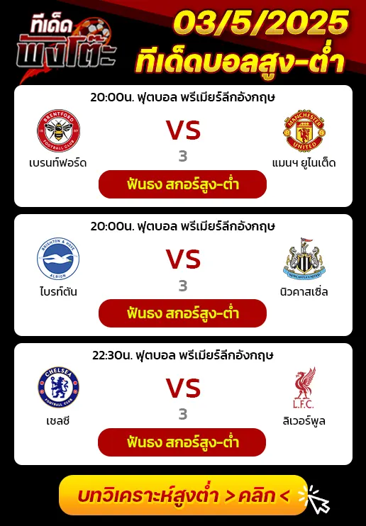เบรนท์ฟอร์ด vs แมนฯยู-ไบรท์ตัน vs นิวคาสเซิ่ล-เชลซี vs ลิเวอร์พูล
