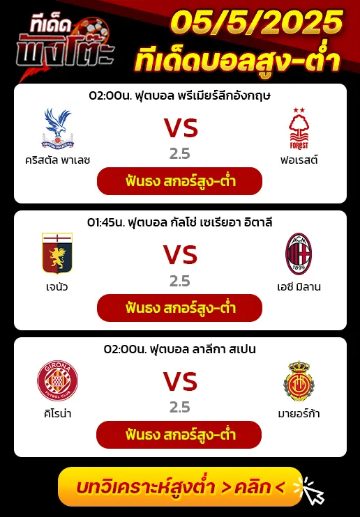 คริสตัล พาเลซ vs ฟอเรสต์-เจนัว vs เอซี มิลาน-กิโรน่า vs มายอร์ก้า