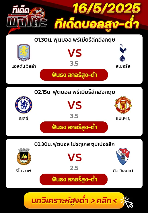 เชลซี vs แมนฯยู-แอสตัน วิลล่า vs สเปอร์ส-ริโอ อาฟ vs กิล วิเซนเต้