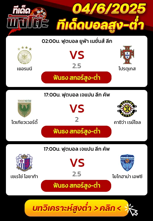 โตเกียวเวอร์ดี้ vs คาชิว่า เรย์โซล-เซเรโซ่ โอซาก้า vs โยโกฮาม่า เอฟซี-เยอรมนี vs โปรตุเกส