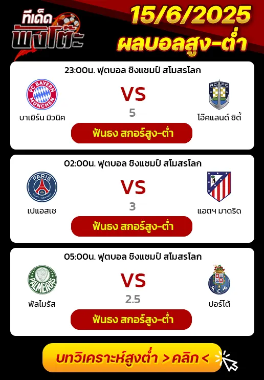 เปแอสเช vs แอตฯมาดริด-บาเยิร์น vs โอ๊คแลนด์ ซิตี้-พัลไมรัส vs ปอร์โต้