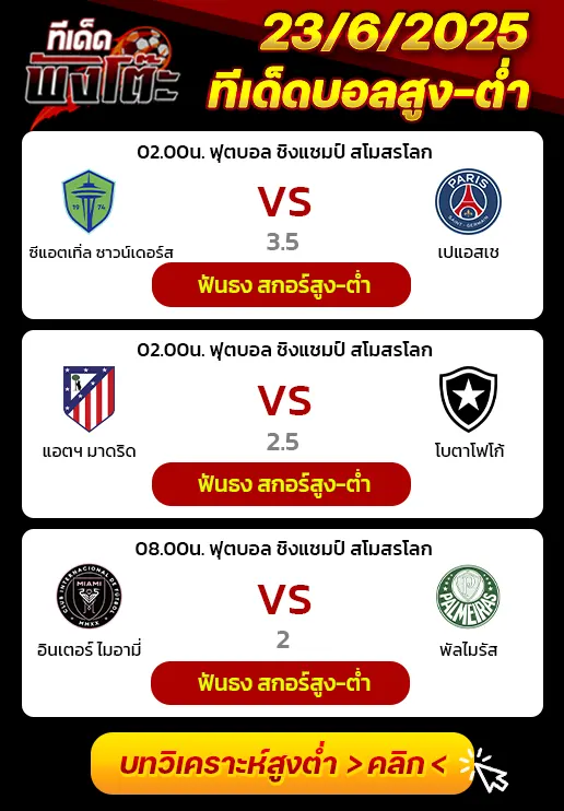ซีแอตเทิ่ล ซาวน์เดอร์ส vs เปแอสเช-แอตฯ มาดริด vs โบตาโฟโก้-อินเตอร์ ไมอามี่ vs พัลไมรัส