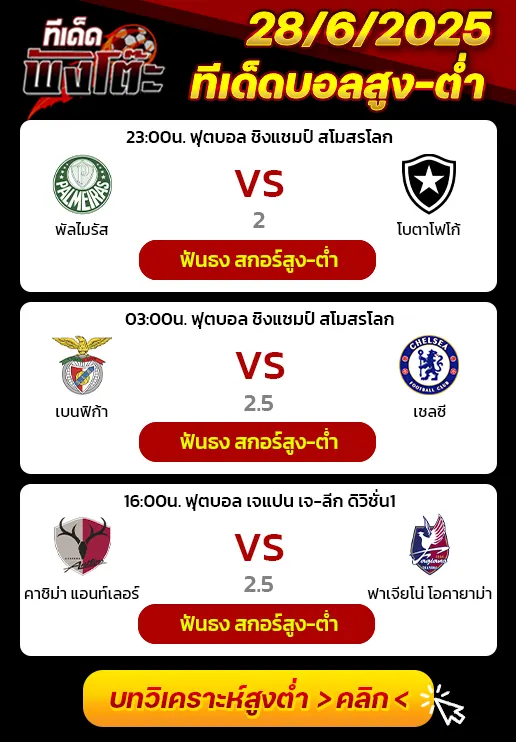 คาชิม่า แอนต์เลอร์ส vs ฟาเจียโน่ โอกายาม่า-พัลไมรัส vs โบตาโฟโก้-เบนฟิก้า vs เชลซี