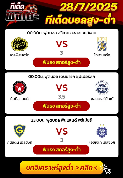 เอล์ฟส์บอร์ก vs ไอเอฟเค โกเตบอร์ก-มิดทิลแลนด์ vs ซอนเดอร์ยีสเก้-กนิสตัน เฮลซิงกิ vs เอชเจเค เฮลซิงกิ