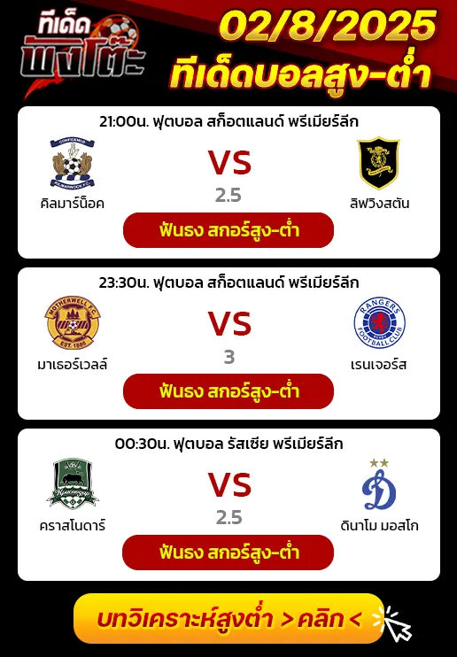 มาเธอร์เวลล์ vs เรนเจอร์ส-คิลมาร์น็อค vs ลิฟวิงสตัน-คราสโนดาร์ vs ดินาโม มอสโก