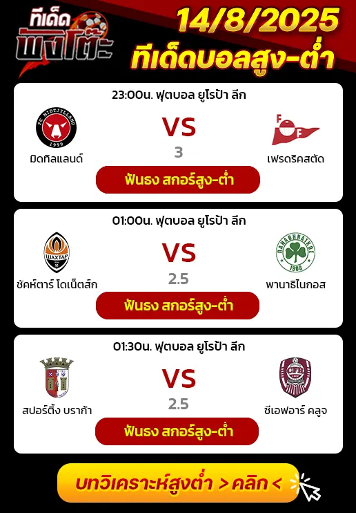 สปอร์ติ้ง บราก้า vs ซีเอฟอาร์ คลูจ-มิดทิลแลนด์ vs เฟรดริคสตัด-ชัคห์ตาร์ โดเน็ตส์ก vs พานาธิไนกอส
