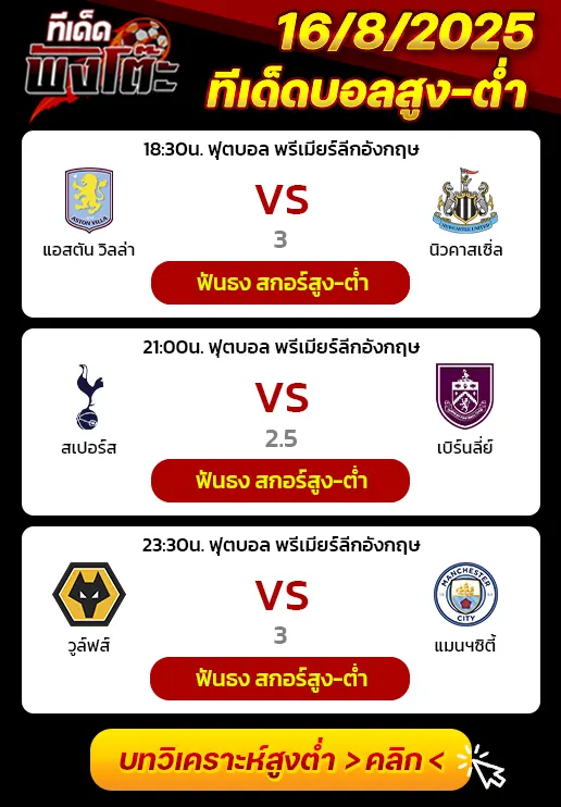 แอสตัน วิลล่า vs นิวคาสเซิ่ล-วูล์ฟส์ vs แมนฯซิตี้-สเปอร์ส vs เบิร์นลี่ย์