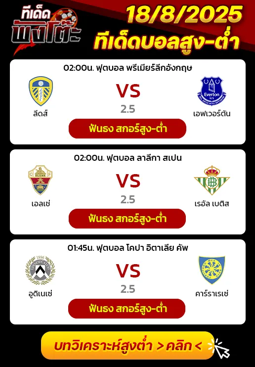 เอลเช่ vs เรอัล เบติส-ลีดส์ vs เอฟเวอร์ตัน-อูดิเนเซ่ vs คาร์ราเรเซ่