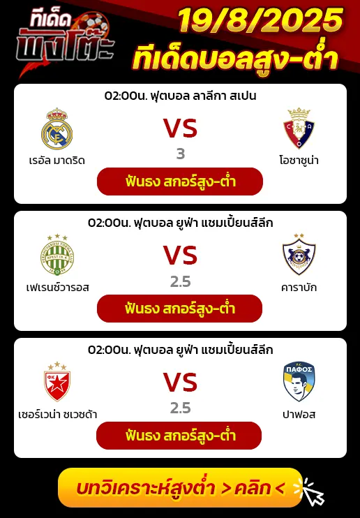 เรอัล มาดริด vs โอซาซูน่า-เซอร์เวน่า ซเวซด้า vs ปาฟอส-เฟเรนซ์วารอส vs คาราบัก