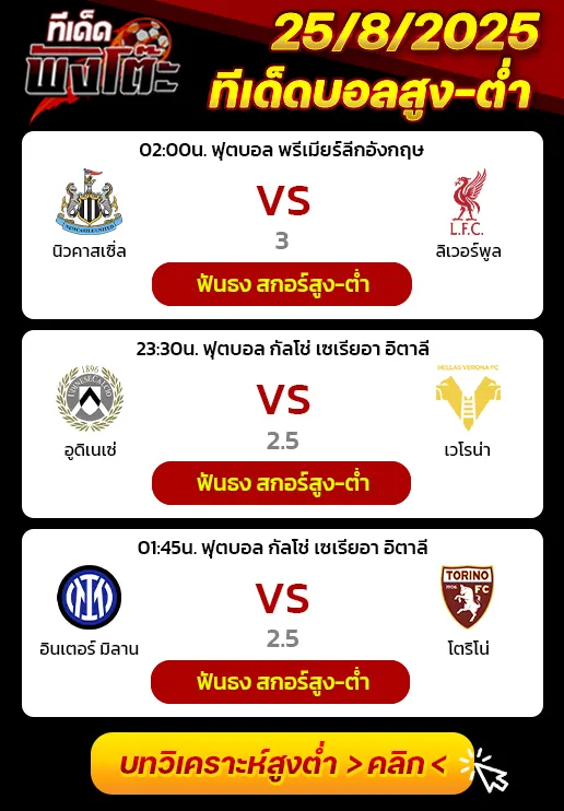 อูดิเนเซ่ vs เวโรน่า-อินเตอร์ มิลาน vs โตริโน่-นิวคาสเซิ่ล vs ลิเวอร์พูล