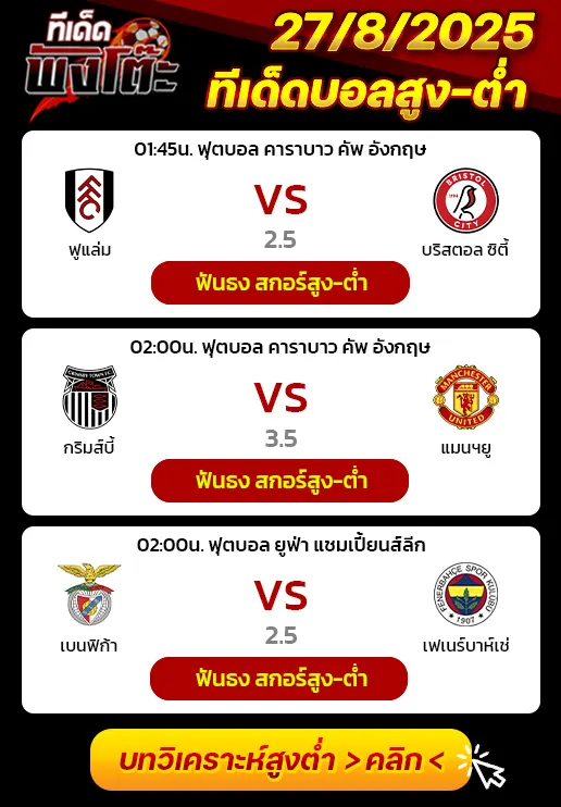 กริมส์บี้ vs แมนฯยู-ฟูแล่ม vs บริสตอล ซิตี้-เบนฟิก้า vs เฟเนร์บาห์เช่