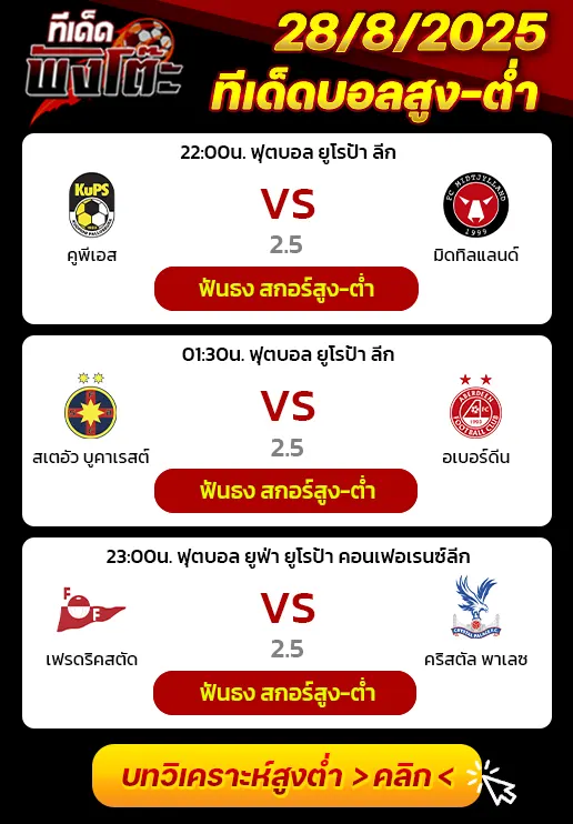 ทีเด็ดบอลสูง-ต่ำ 28/08/25