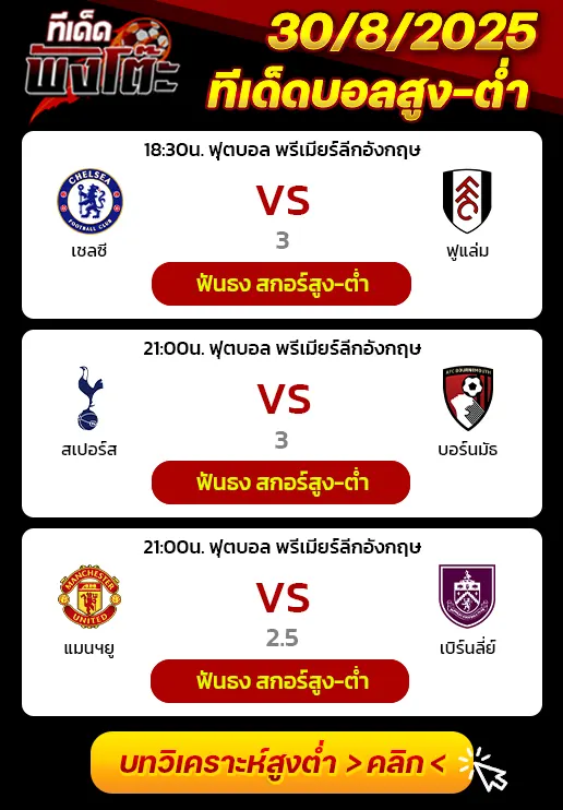 เชลซี vs ฟูแล่ม-สเปอร์ส vs บอร์นมัธ-แมนฯยู vs เบิร์นลี่ย์