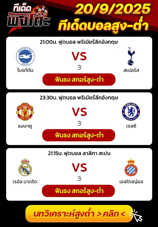 เรอัล มาดริด vs เอสปันญ่อล-ไบรท์ตันฯ vs สเปอร์ส-แมนฯยู vs เชลซี