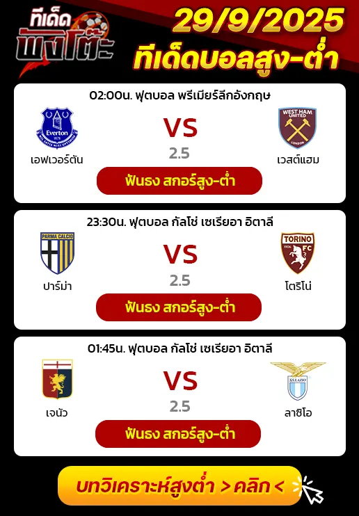 เอฟเวอร์ตัน vs เวสต์แฮม-ปาร์ม่า vs โตริโน่-เจนัว vs ลาซิโอ