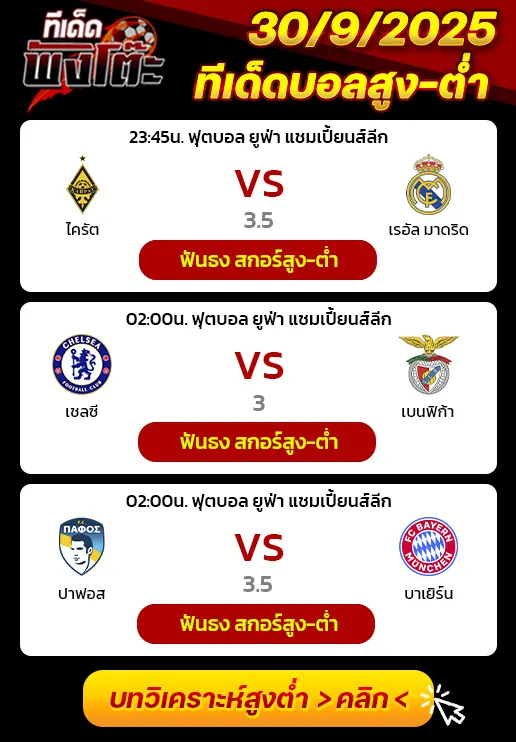 ไครัต vs เรอัล มาดริด-ปาฟอส vs บาเยิร์น-เชลซี vs เบนฟิก้า