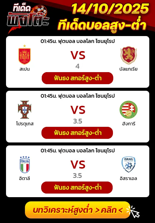 โปรตุเกส vs ฮังการี-อิตาลี vs อิสราเอล-สเปน vs บัลแกเรีย