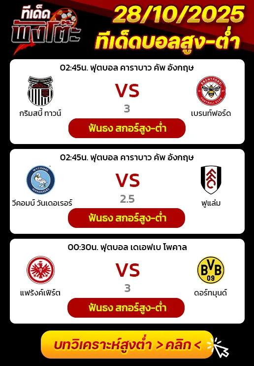 กริมสบี้ vs เบรนท์ฟอร์ด-วีคอมบ์ vs ฟูแล่ม-แฟร้งค์เฟิร์ต vs ดอร์ทมุนด์