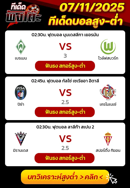 เบรเมน vs โวล์ฟสบวร์ก-มิรานเดส vs สปอร์ติ้ง กิฆอน-ปิซ่า vs เครโมเนเซ่