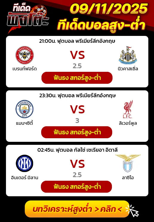 อินเตอร์ มิลาน vs ลาซิโอ-เบรนท์ฟอร์ด vs นิวคาสเซิ่ล-แมนฯซิตี้ vs ลิเวอร์พูล