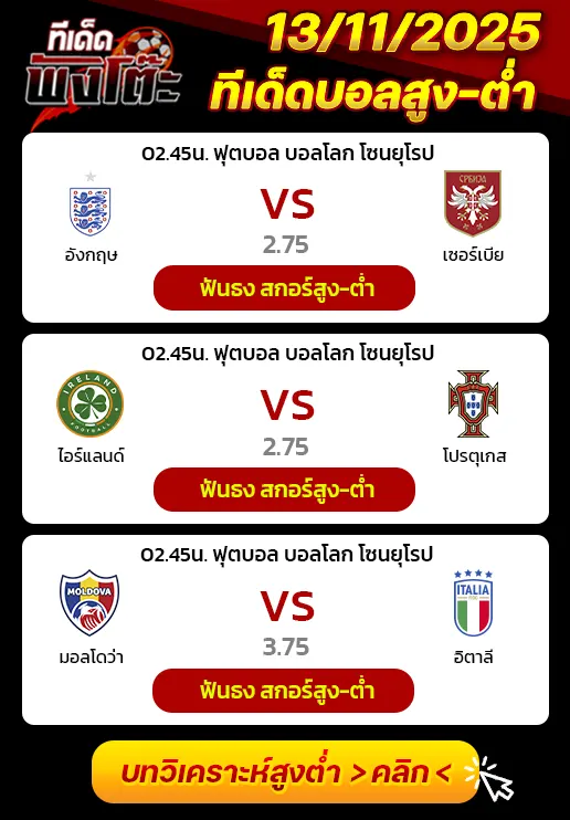 อังกฤษ vs เซอร์เบีย-ไอร์แลนด์ vs โปรตุเกส-มอลโดว่า vs อิตาลี