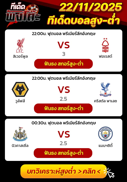 วูล์ฟส์ vs คริสตัล พาเลซ-ลิเวอร์พูล vs น็อตติ้งแฮม ฟอเรสต์-นิวคาสเซิ่ล vs แมนฯซิตี้
