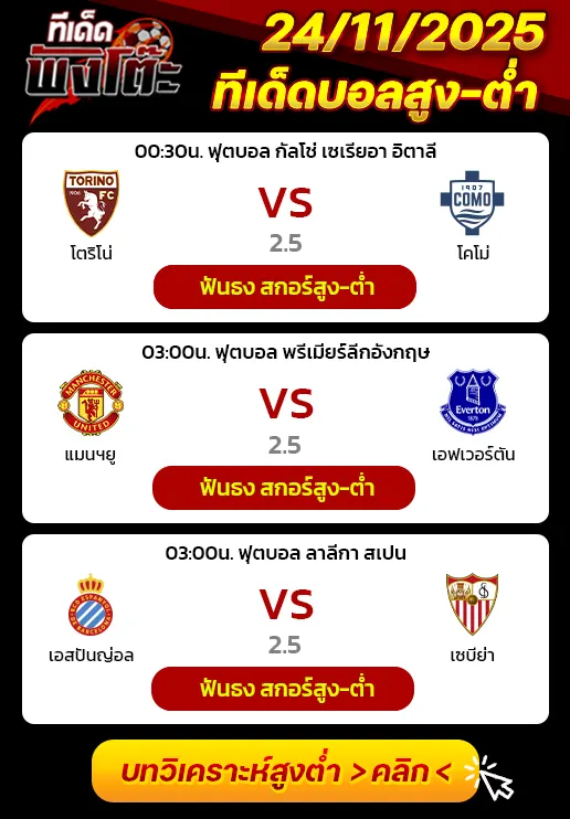 โตริโน่ vs โคโม่-เอสปันญ่อล vs เซบีย่า-แมนฯยู vs เอฟเวอร์ตัน