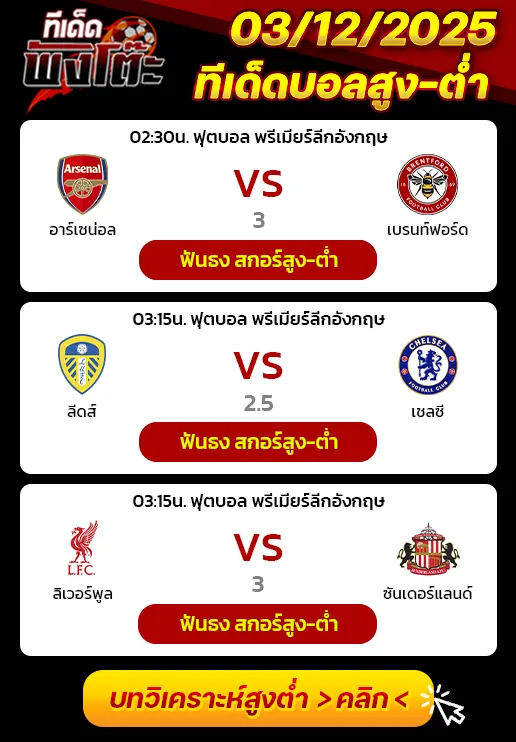 อาร์เซน่อล vs เบรนท์ฟอร์ด-ลิเวอร์พูล vs ซันเดอร์แลนด์-ลีดส์ vs เชลซี