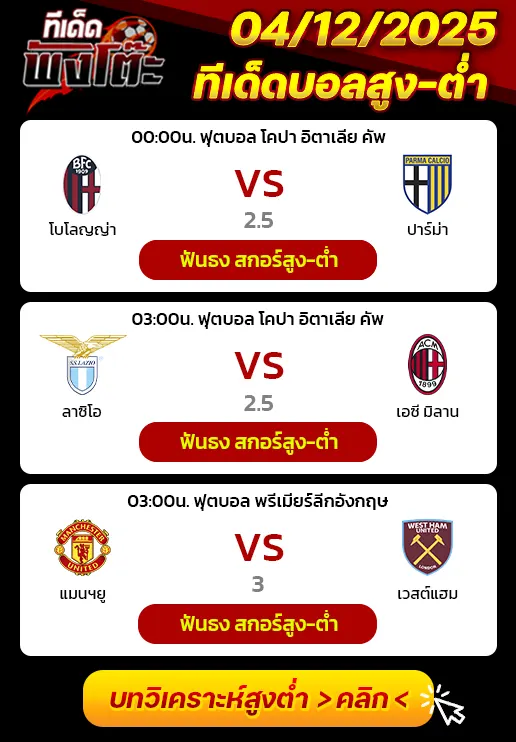แมนฯยู vs เวสต์แฮม-โบโลญญ่า vs ปาร์ม่า-ลาซิโอ vs เอซี มิลาน
