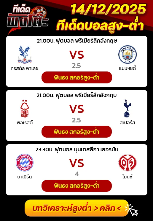 คริสตัล พาเลซ vs แมนฯซิตี้-น็อตติ้งแฮม ฟอเรสต์ vs สเปอร์ส-บาเยิร์น vs ไมนซ์