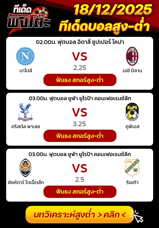 คริสตัล พาเลซ vs คูพีเอส-ชัคห์ตาร์ โดเน็ตส์ก vs ริเยก้า-นาโปลี vs เอซี มิลาน