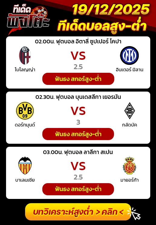 บาเลนเซีย vs มายอร์ก้า-ดอร์ทมุนด์ vs กลัดบัค-โบโลญญ่า vs อินเตอร์ มิลาน