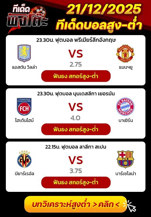 บียาร์เรอัล vs บาร์เซโลน่า-ไฮเด้นไฮม์ vs บาเยิร์น-แอสตัน วิลล่า vs แมนฯยู