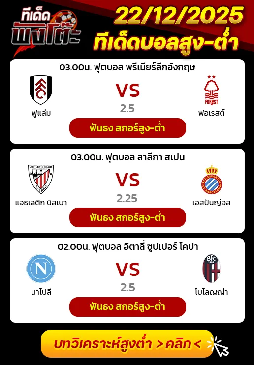 แอธฯ บิลเบา vs เอสปันญ่อล-นาโปลี vs โบโลญญ่า-ฟูแล่ม vs น็อตติ้งแฮม ฟอเรสต์