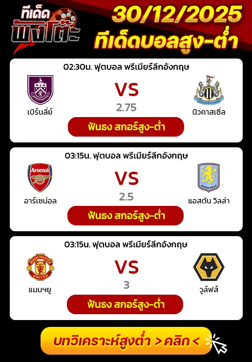 เบิร์นลี่ย์ vs นิวคาสเซิ่ล-แมนฯยู vs วูล์ฟส์-อาร์เซน่อล vs แอสตัน วิลล่า