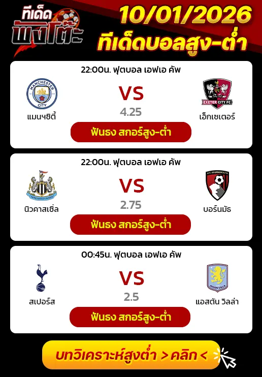 แมนฯซิตี้ vs เอ็กเซเตอร์-นิวคาสเซิ่ล vs บอร์นมัธ-สเปอร์ส vs แอสตัน วิลล่า