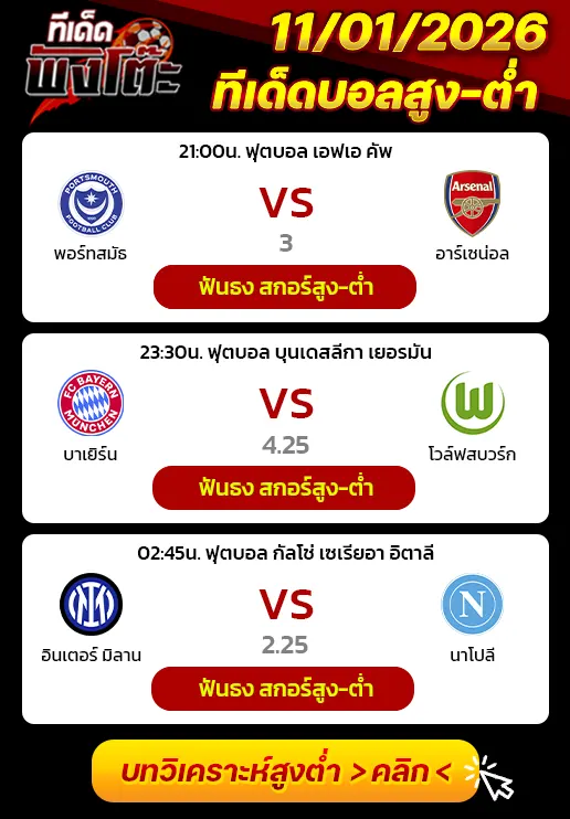 พอร์ทสมัธ vs อาร์เซน่อล-บาเยิร์น vs โวล์ฟสบวร์ก-อินเตอร์ มิลาน vs นาโปลี