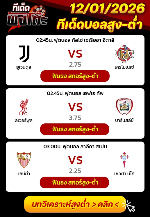 ลิเวอร์พูล vs บาร์นสลี่ย์-เซบีย่า vs เซลต้า บีโก้-ยูเวนตุส vs เครโมเนเซ่