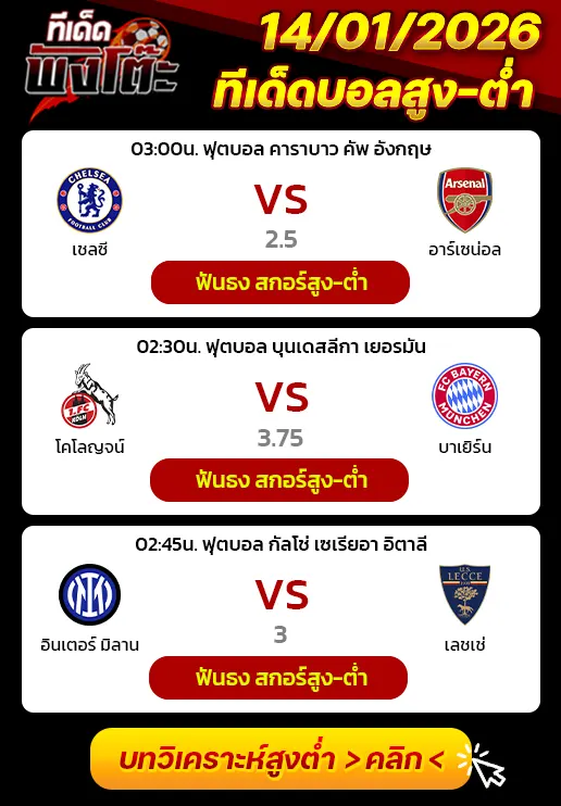 เชลซี vs อาร์เซน่อล-อินเตอร์ มิลาน vs เลชเช่-โคโลญจน์ vs บาเยิร์น