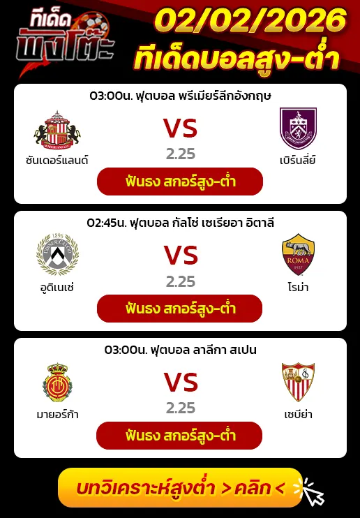 ซันเดอร์แลนด์ vs เบิร์นลี่ย์-มายอร์ก้า vs เซบีย่า-อูดิเนเซ่ vs โรม่า