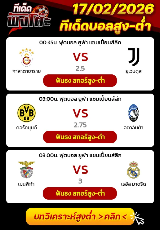 กาลาตาซาราย vs ยูเวนตุส-ดอร์ทมุนด์ vs อตาลันต้า-เบนฟิก้า vs เรอัล มาดริด
