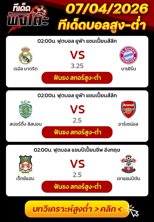 สปอร์ติ้ง ลิสบอน vs อาร์เซน่อล-เรอัล มาดริด vs บาเยิร์น-เร็กซ์แฮม vs เซาท์แฮมป์ตัน